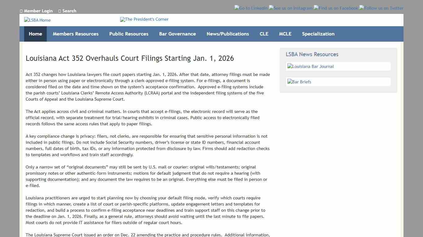 Louisiana Act 352 Overhauls Court Filings Starting Jan. 1, 2026